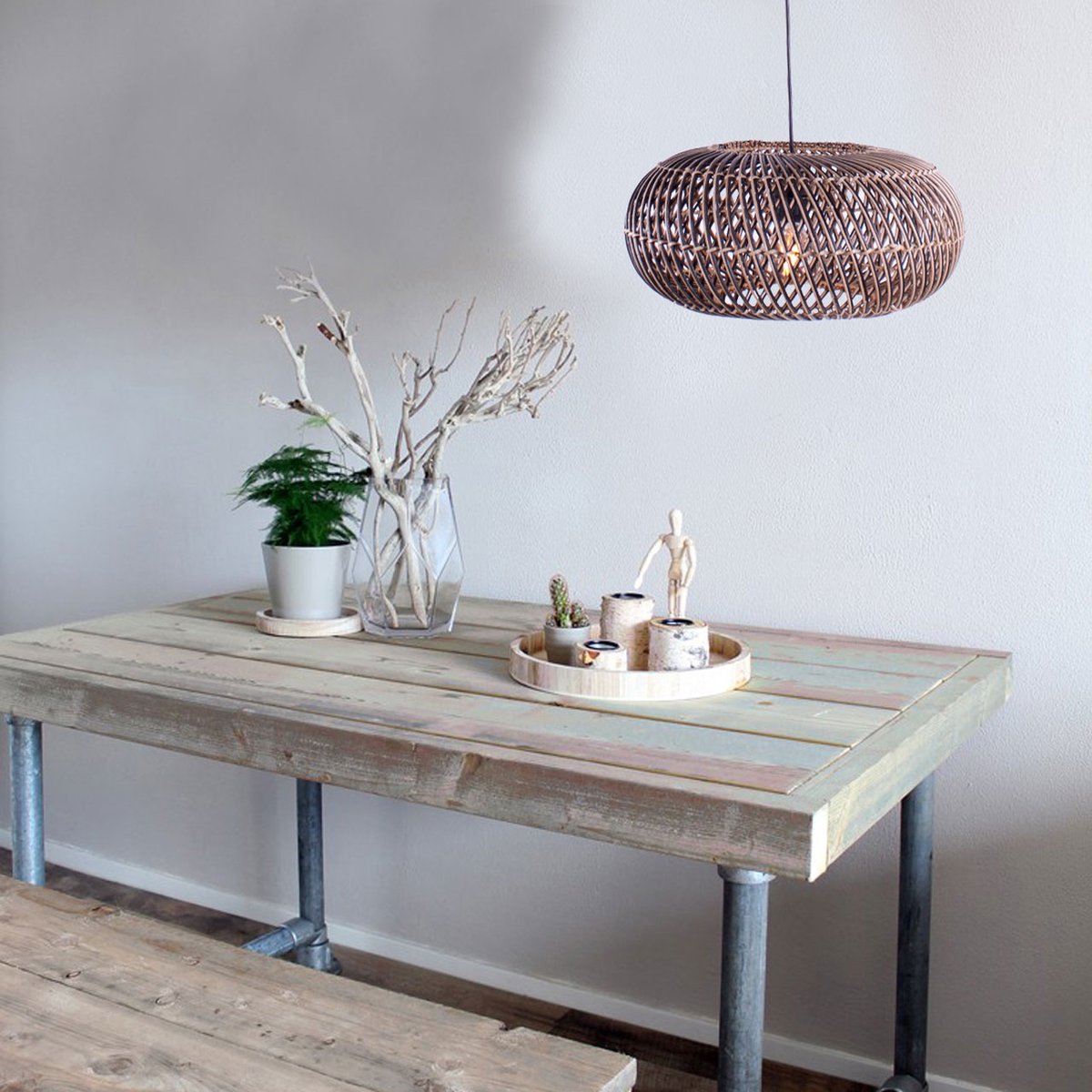 Rattan hanglamp Stripes | 1 lichts | zwart / naturel | rattan / metaal | Ø 40 cm | in hoogte verstelbaar tot 140 cm | eetkamer / eettafel / woonkamer lamp | modern / landelijk design