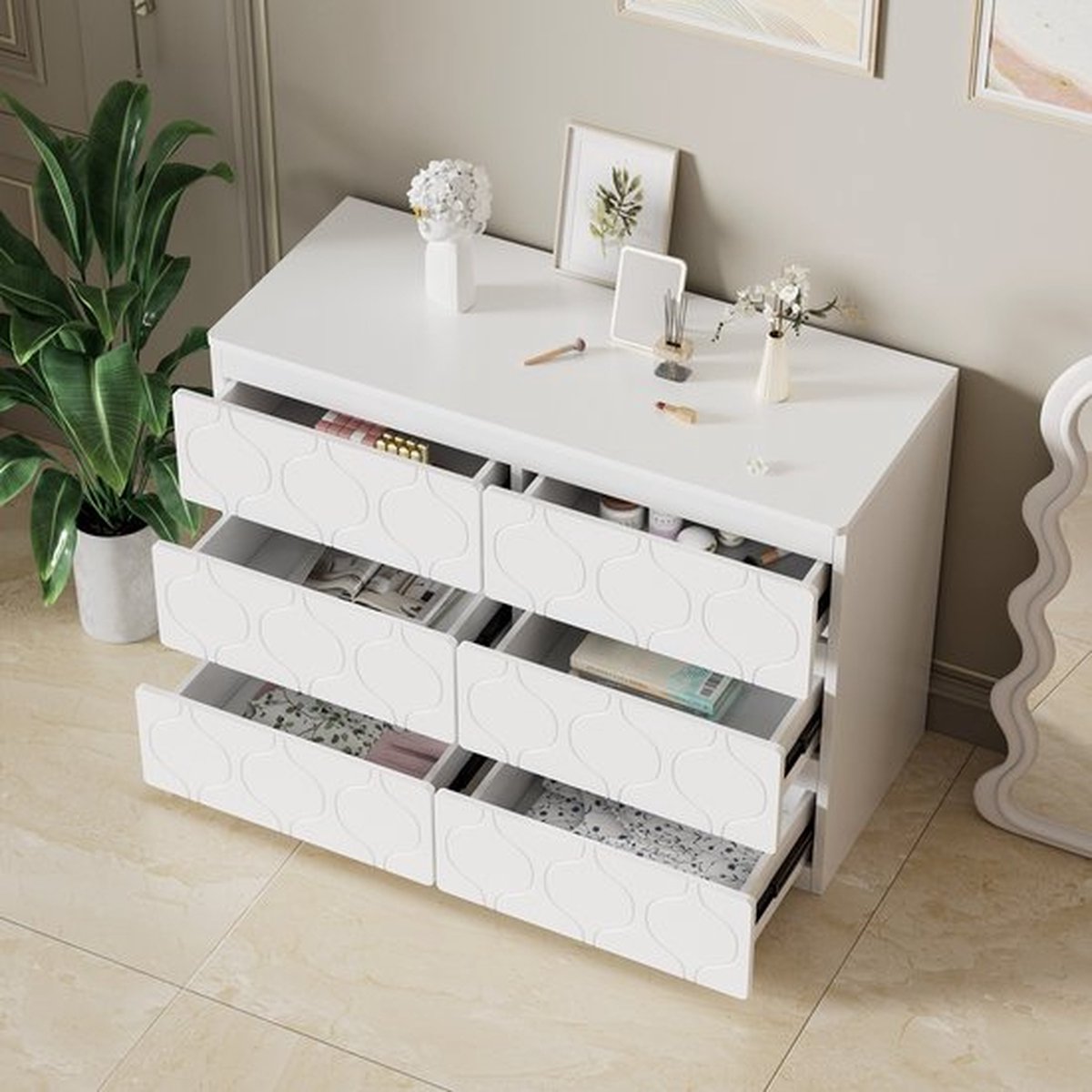 Dressoir met 6 laden, halkast, voor woonkamer, badkamer en en slaapkamer, golfpatroon, gelakt, slagvast hoekontwerp, 6 vakken, 110 B x 40 D x 72 H, wit