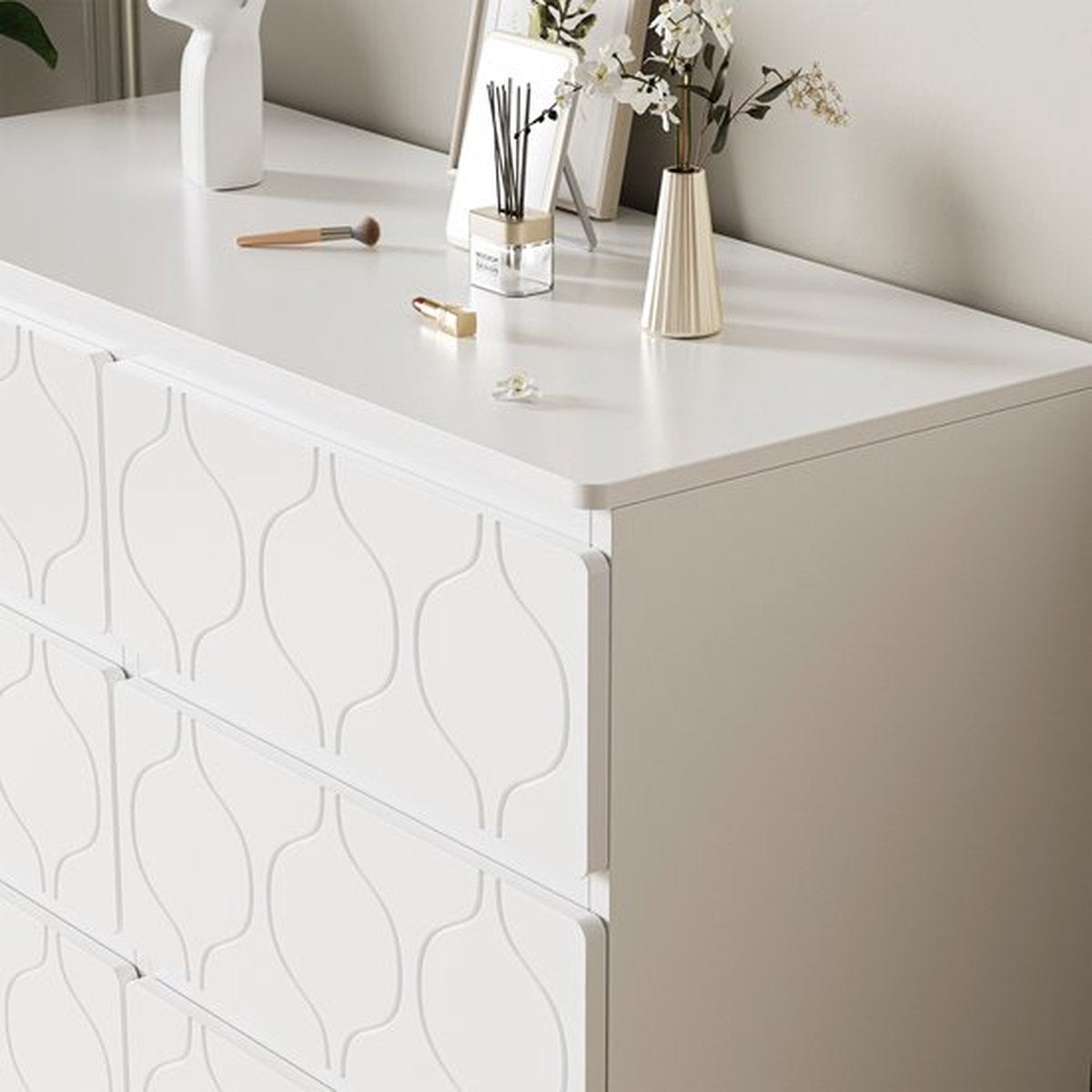 Dressoir met 6 laden, halkast, voor woonkamer, badkamer en en slaapkamer, golfpatroon, gelakt, slagvast hoekontwerp, 6 vakken, 110 B x 40 D x 72 H, wit