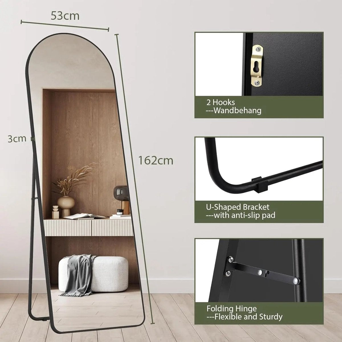 J&R Vloerspiegel - Staande spiegel - Mirror - Interieur - Kapsalon - Kledingwinkel - Wandspiegel - Industrieel - Aluminium frame - 162 cm - Zwart