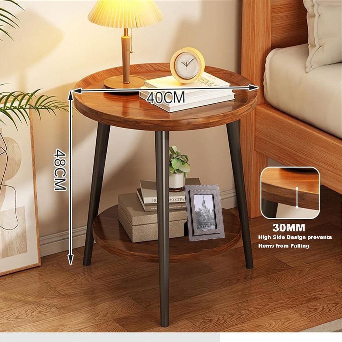 Wooden side table, 2 tiers, round coffee table with storage, round coffee table, living room table, nightstand for small spaces, side table for living room, bedroom, H x D 48 x40cm