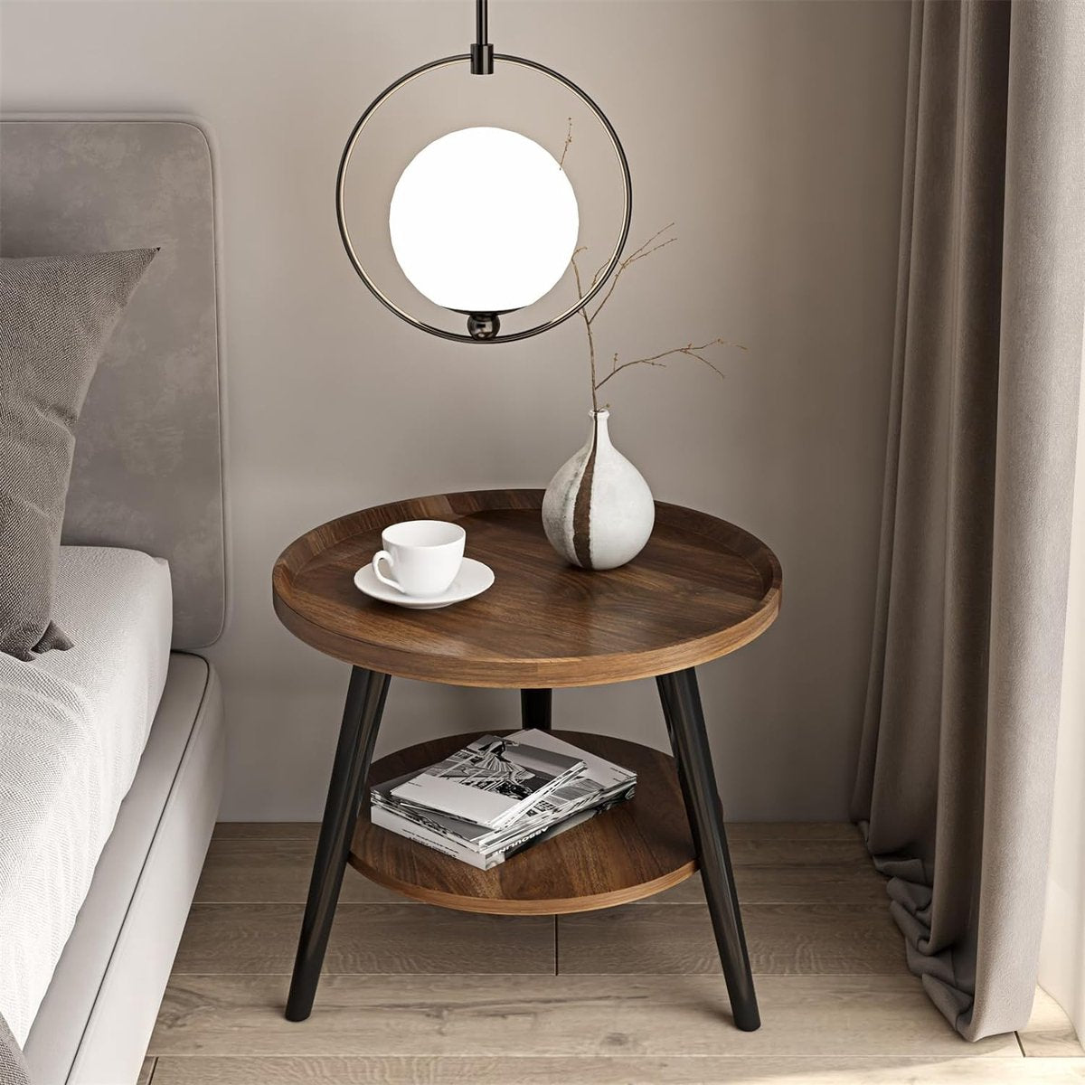 Wooden side table, 2 tiers, round coffee table with storage, round coffee table, living room table, nightstand for small spaces, side table for living room, bedroom, H x D 48 x40cm