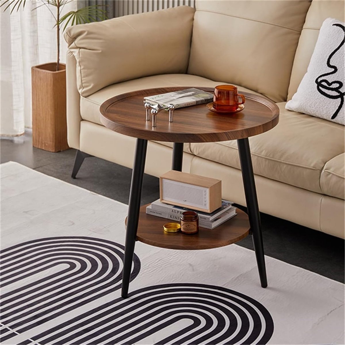 Wooden side table, 2 tiers, round coffee table with storage, round coffee table, living room table, nightstand for small spaces, side table for living room, bedroom, H x D 48 x40cm
