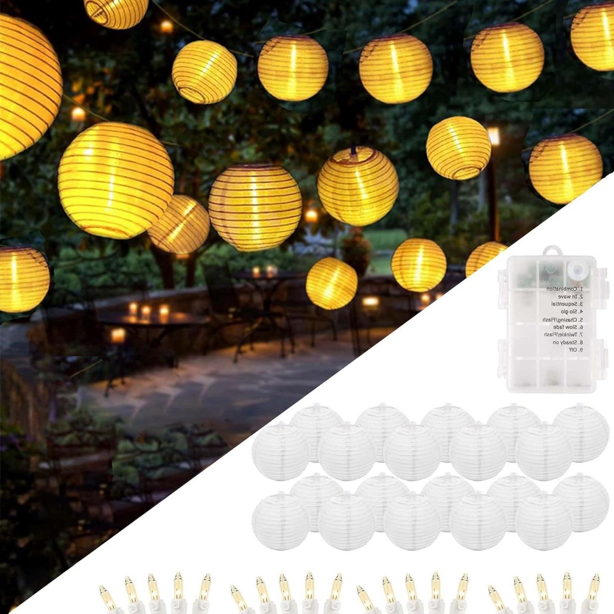 Batterij lampion lichtslinger warmwit 20 leds lantaarns voor buiten 6 m - lichtslinger voor binnen - balkon lichtslinger lampionnen buiten weerbestendig - balkondecoratie - geen