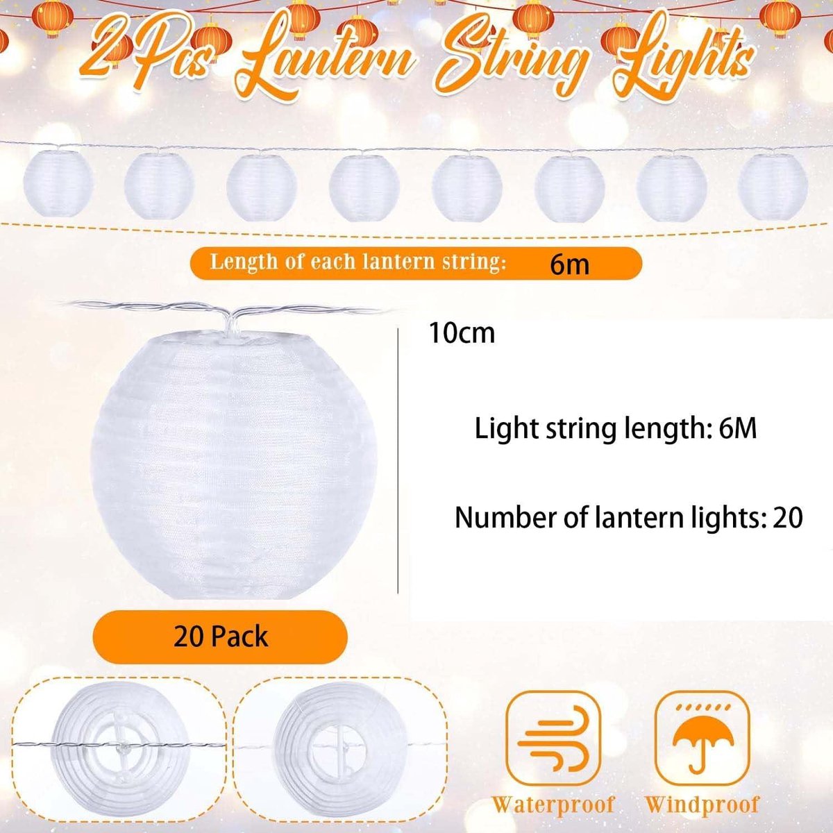 Batterij lampion lichtslinger warmwit 20 leds lantaarns voor buiten 6 m - lichtslinger voor binnen - balkon lichtslinger lampionnen buiten weerbestendig - balkondecoratie - geen