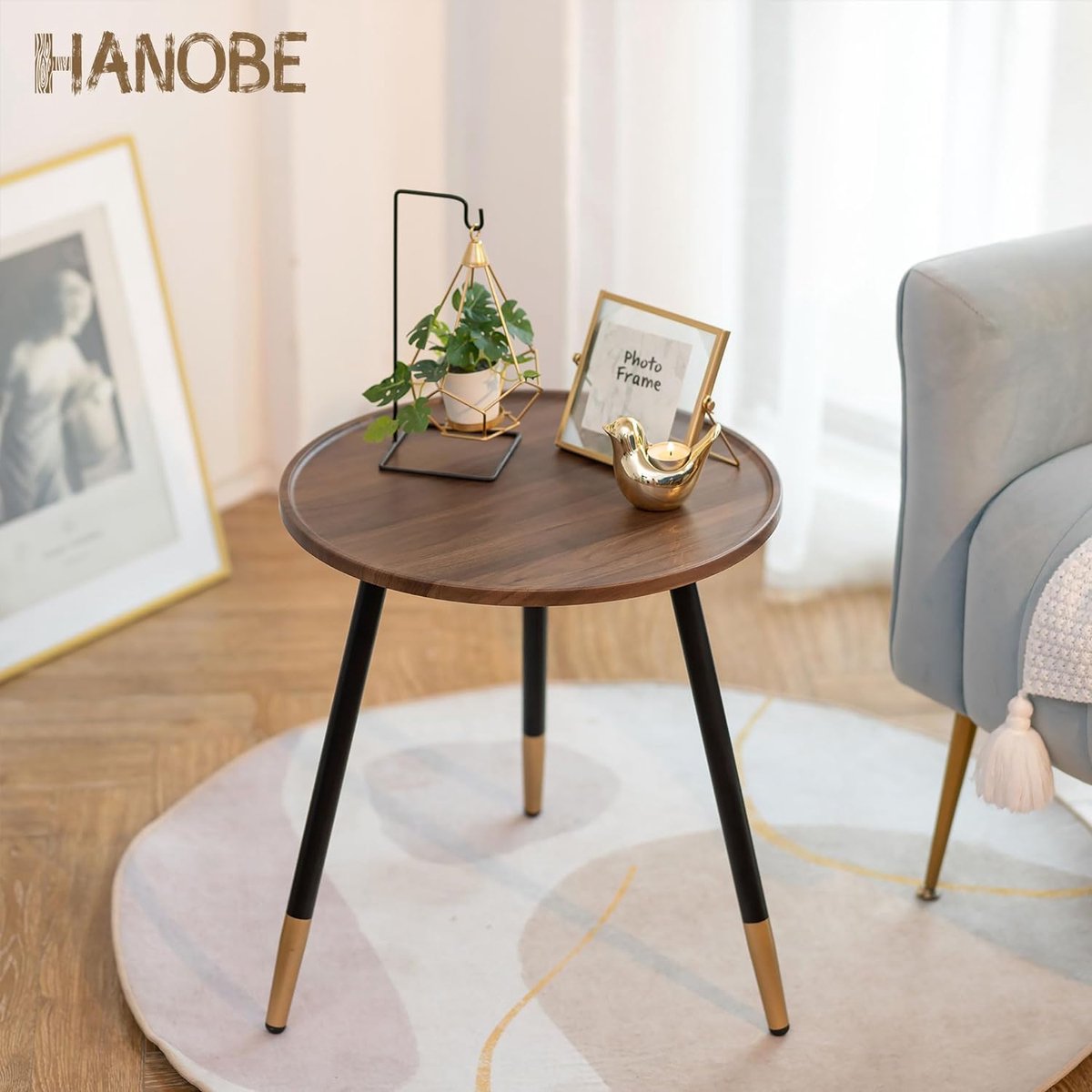 Bijzettafel Rond Hout: Moderne Bruine Walnoot Kleine Houten Bijzettafel voor de Woonkamer met 3 Metalen Poten, Kleine Buitenbank/Sofa Tafels voor Tuindecoratie, 45 cm.