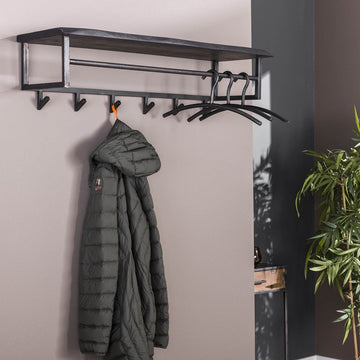 Wandkapstok Yucon | 6 haken | 100 x 30 x 27 cm | kapstok met hoedenplank | massief naturel acaciahout met zwart matelen frame | landelijk / industrieel
