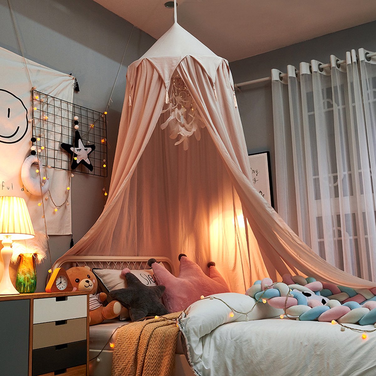 Kinderkamer dome franje bedtent, kant, klamboe, plafondmontage zonder boren