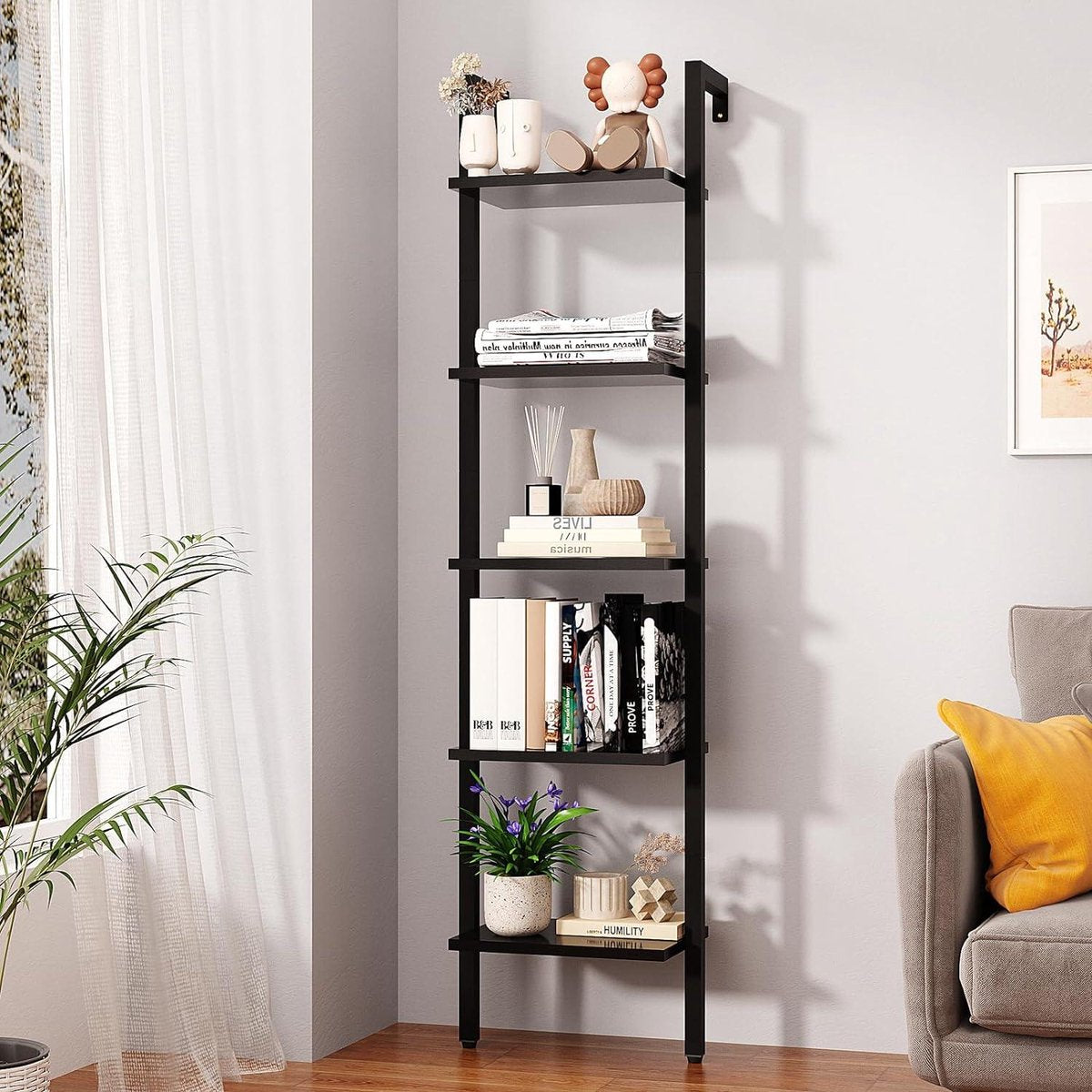Ladderrek Boekenkast met 5 Niveaus Opbergkast - Industrieel Zwevend Wandrek - Woonkamer Keuken Kantoor - 40 x 30 x 178 cm Zwart HBC015B badkamerplank hout