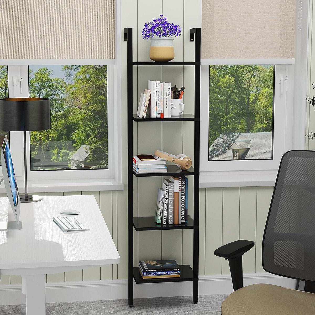 Ladderrek Boekenkast met 5 Niveaus Opbergkast - Industrieel Zwevend Wandrek - Woonkamer Keuken Kantoor - 40 x 30 x 178 cm Zwart HBC015B badkamerplank hout