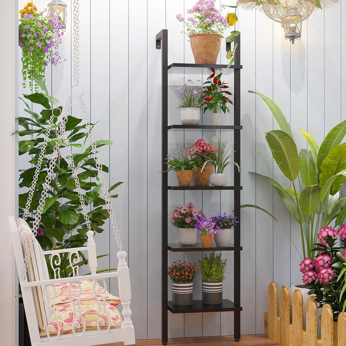 Ladderrek Boekenkast met 5 Niveaus Opbergkast - Industrieel Zwevend Wandrek - Woonkamer Keuken Kantoor - 40 x 30 x 178 cm Zwart HBC015B badkamerplank hout