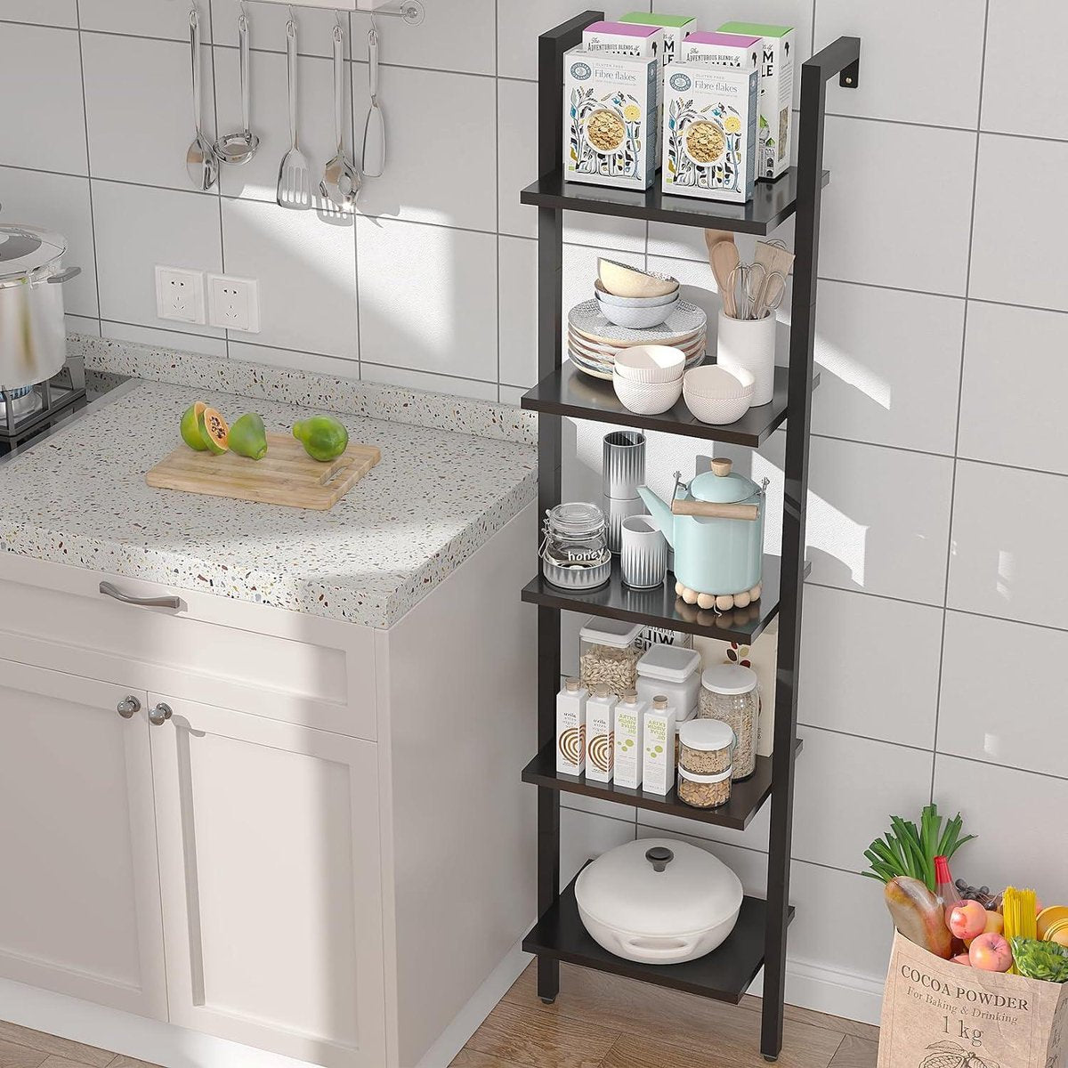 Ladderrek Boekenkast met 5 Niveaus Opbergkast - Industrieel Zwevend Wandrek - Woonkamer Keuken Kantoor - 40 x 30 x 178 cm Zwart HBC015B badkamerplank hout