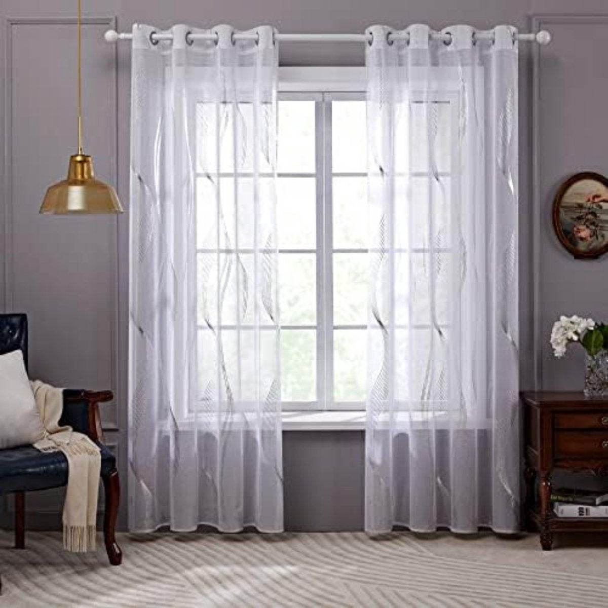 Ready-made Voile with Hooks - Voile Curtains - Voiles - Voile with Hooks - 140x215cm (WxH)/wave pattern - 2 pieces