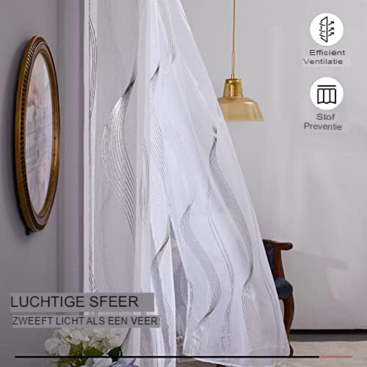 Ready-made Voile with Hooks - Voile Curtains - Voiles - Voile with Hooks - 140x215cm (WxH)/wave pattern - 2 pieces