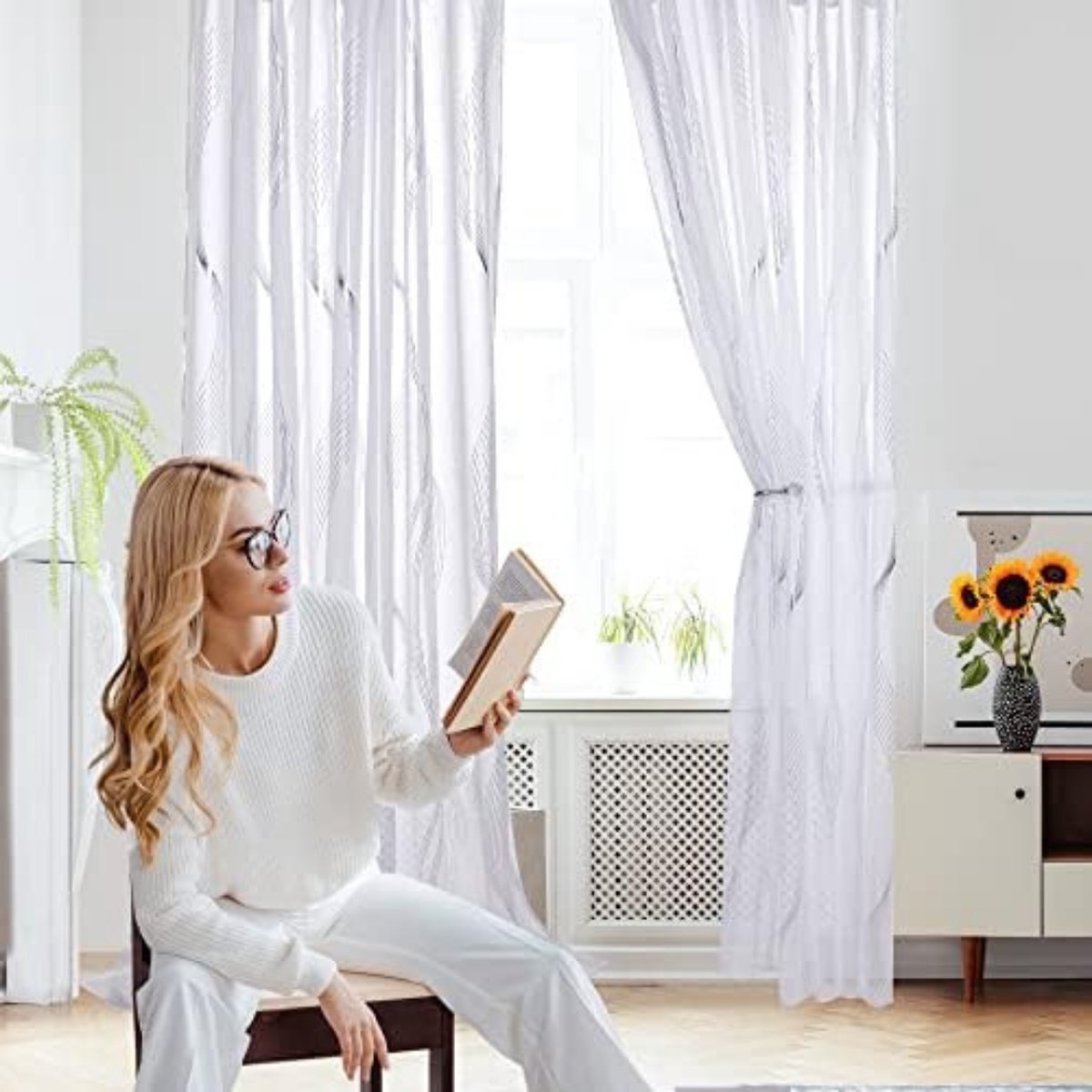 Ready-made Voile with Hooks - Voile Curtains - Voiles - Voile with Hooks - 140x215cm (WxH)/wave pattern - 2 pieces