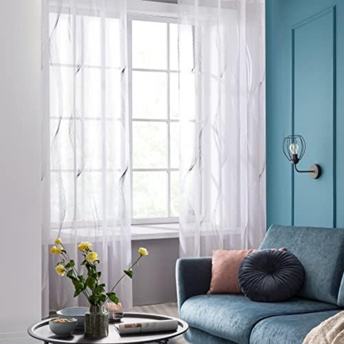Ready-made Voile with Hooks - Voile Curtains - Voiles - Voile with Hooks - 140x215cm (WxH)/wave pattern - 2 pieces