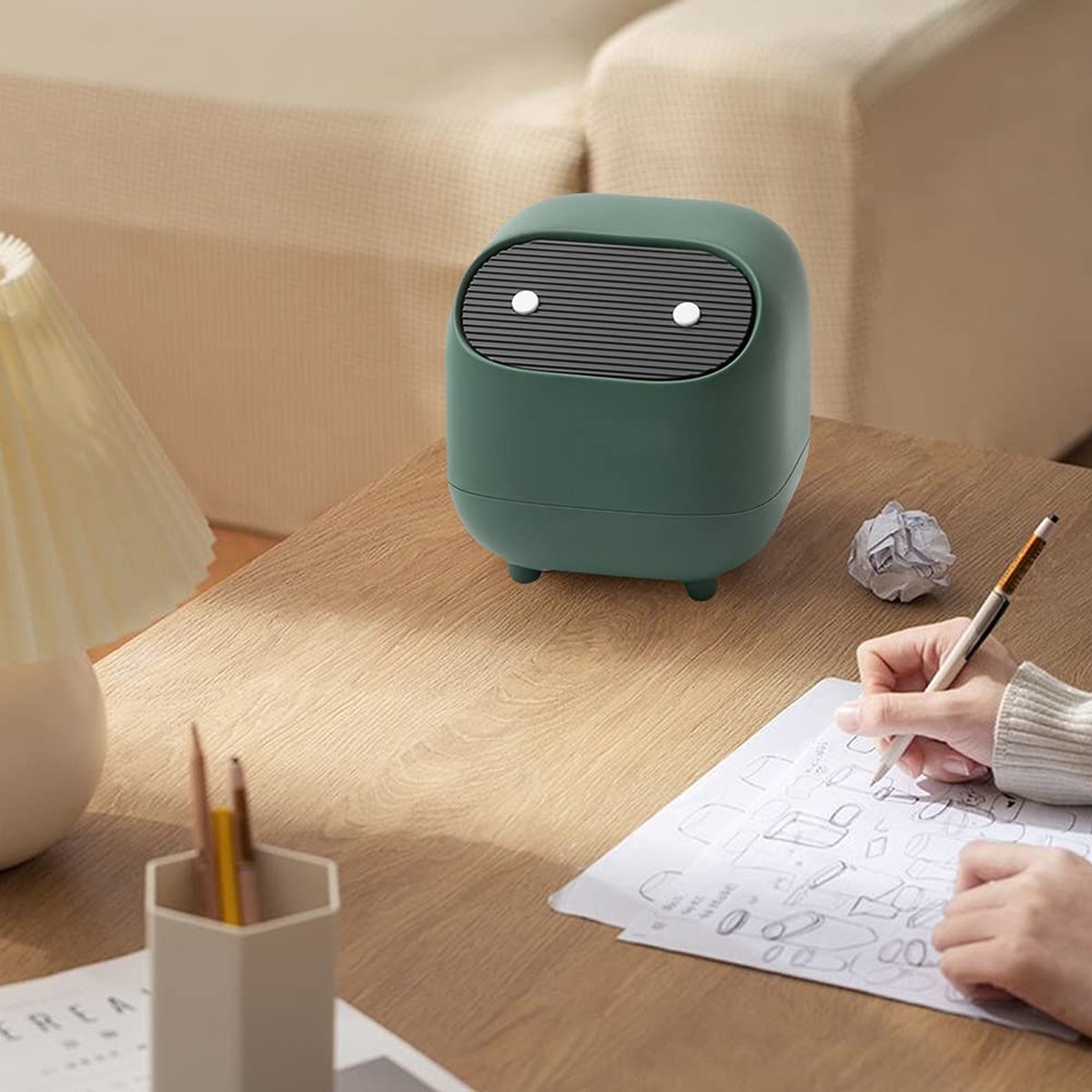 Tafelbak, Tafelbak met Deksel, Dubbellaags Kleine Prullenbak Kleine Ninja Vorm Desktopbak met Schuifdeksel, Geurisolatie voor Keuken, Badkamer, Bureau
