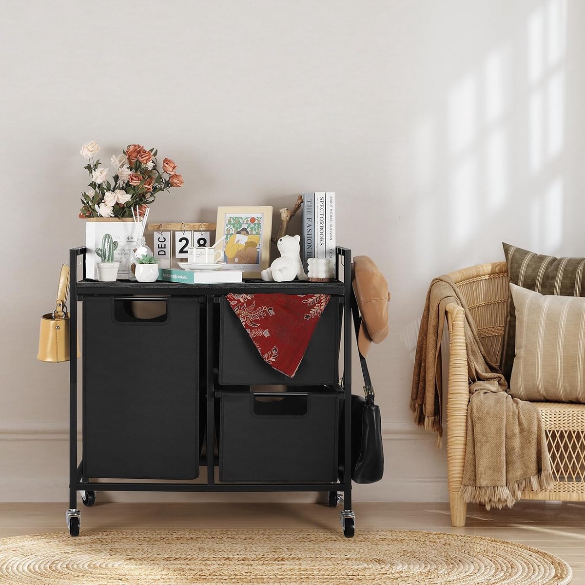 Laundry basket with 3 compartments and shelf, rustic Oxford fabric laundry bag, pull-out and removable sorting of clothes, laundry baskets with wooden plate and wheels, black