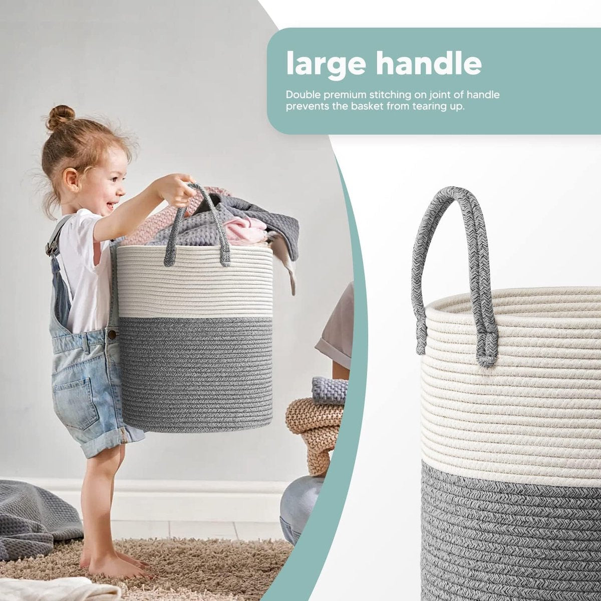 Grote Waszak Katoenen Touw 39L Deken Opbergmand D35 x H40 CM Geweven Wasmand met Handgreep Opbergmand Gevlochten Opvouwbare Waszak voor Thuisopslag en Decoratie (Donkergrijs)