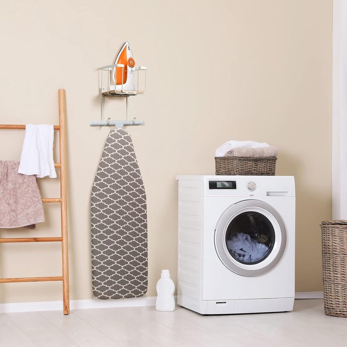 Wall mount ironing board holder with large storage basket - laundry room holder for iron and board - spray bottle storage rack Ironing board