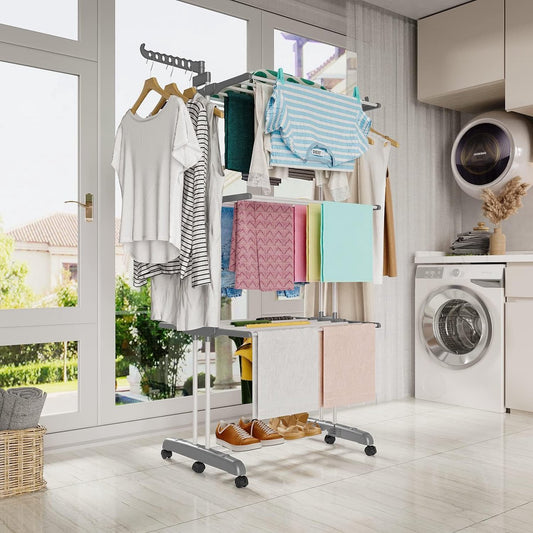 Tower drying rack, foldable clothes rack with 6 foldable wings on 3 levels, foldable legs save space inside and outside the home (grey)