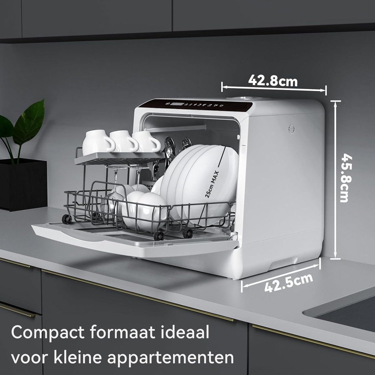 Mini-vaatwasser - tafelvaatwasser - te gebruiken met en zonder wateraansluiting - 43 cm breed - plaats voor 4 couverts - voor gebruik op de camping - 175 kWh/jaar - wit (Glazen deur)