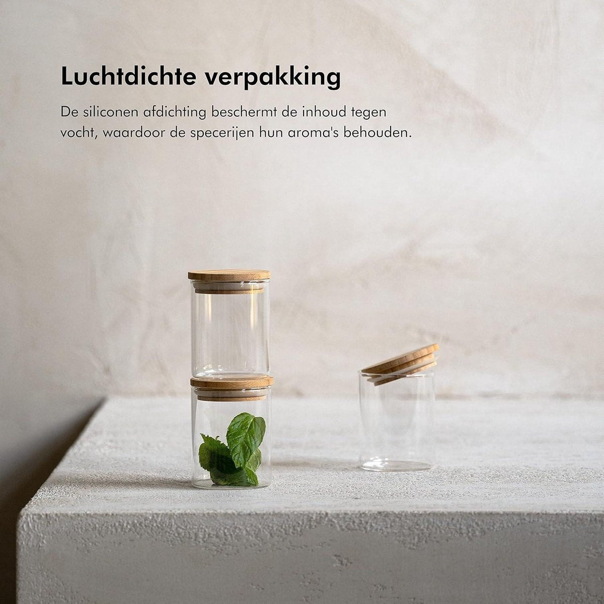 Stapelbare Kruidenpotjes Bamboe 150ml - Glazen Voorraadpotten Set - Spice Jars - Kruiden Organizer - Glazen Potjes Voorraadbussen - Thee Voorraaddozen kruidenpotjes vierkant
