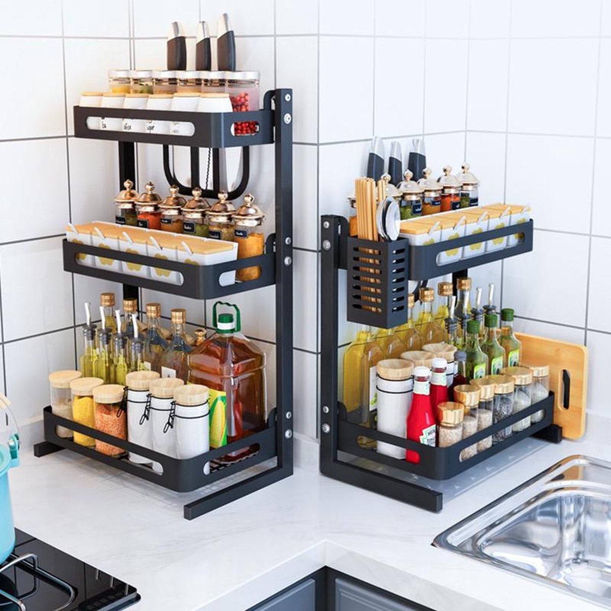 TDR - Multifunctioneel Staande Keukenrek, kruidenrek, of multifunctionele organiser - 2 laags - Zwart