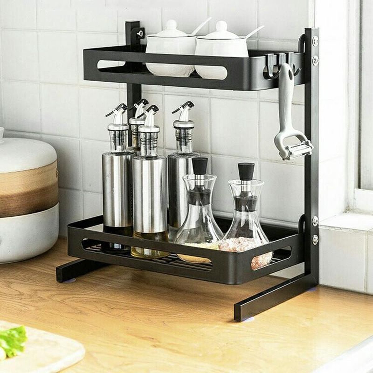 TDR - Multifunctioneel Staande Keukenrek, kruidenrek, of multifunctionele organiser - 2 laags - Zwart