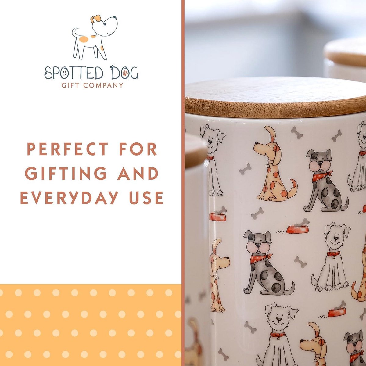 Ceramic Storage Jars Set of 3 - Kitchen Storage Containers - Airtight Bamboo Lids - Cute Kitchen Accessories - Gifts for Dog Lovers - 1200ml