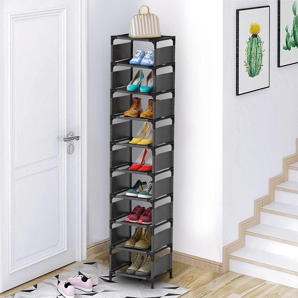 Space-saving shoe rack 10 layers - Organizer for 10 pairs of high shoes - Narrow shoe shelves for entryway closet - Stackable cubby storage