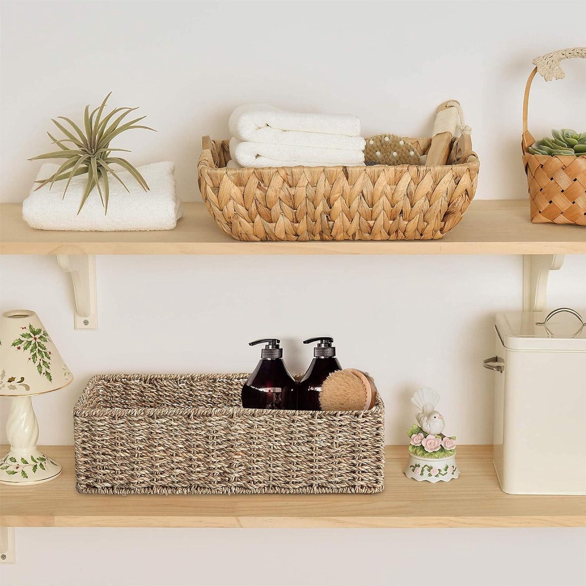 Seagrass Opbergmanden - Lange Smalle Rechthoekige Manden van Zeegras voor Slaapkamer Woonkamer Badkamer Planken - Set van 2