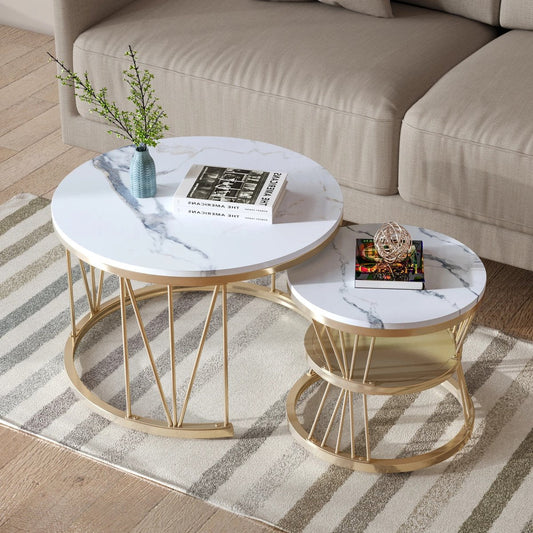 Moderne Nestbare Salontafel - Set van twee Salontafels - Gouden Frame - Bijzettafels Wit met Goud - 70 cm en 45 cm - Zwart met Goud