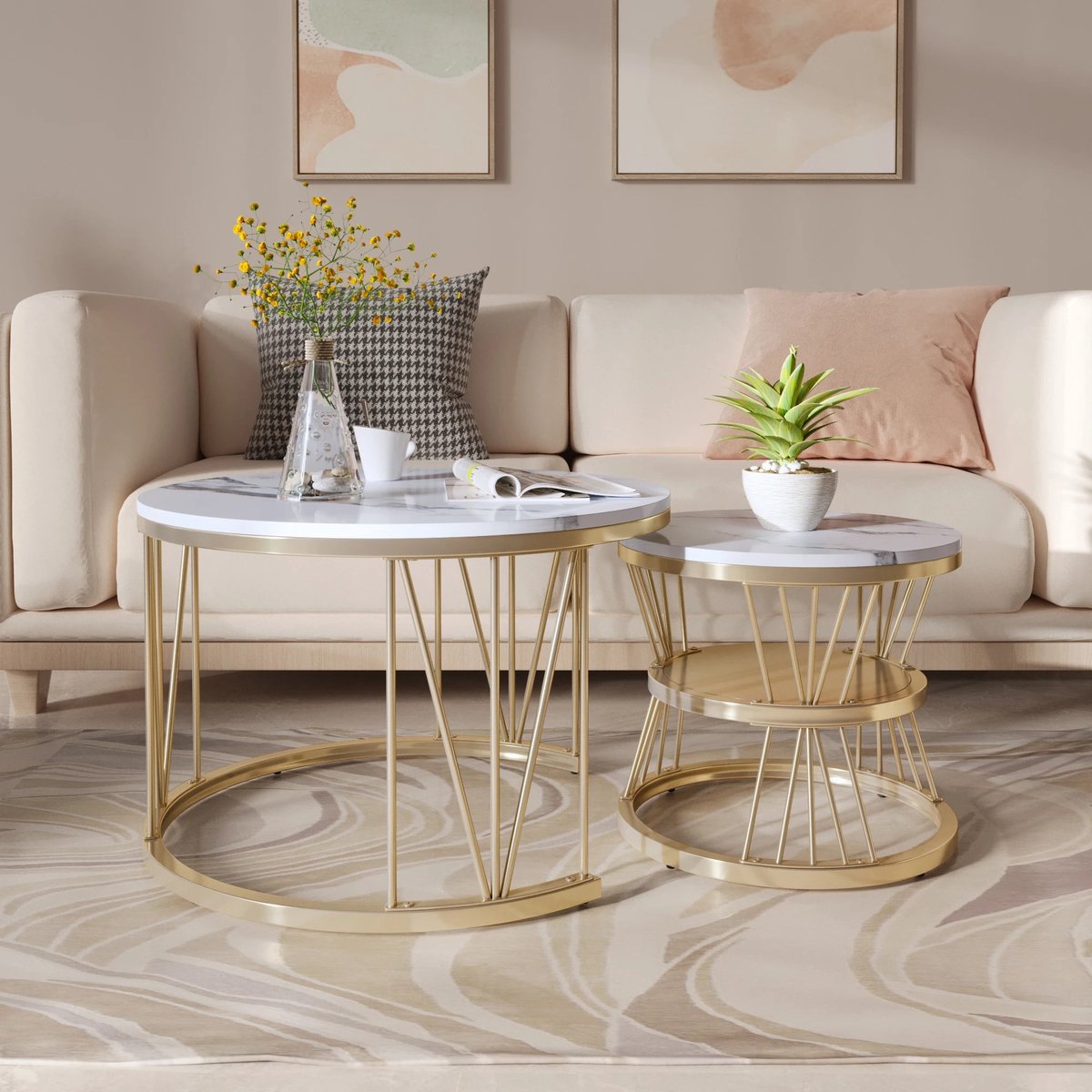 Moderne Nestbare Salontafel - Set van twee Salontafels - Gouden Frame - Bijzettafels Wit met Goud - 70 cm en 45 cm - Zwart met Goud