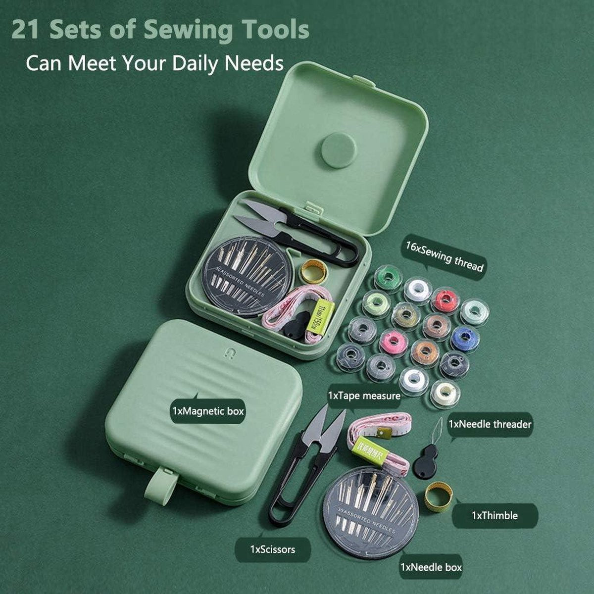 Magnetic Sewing Box Portable Travel Household Emergency Small Sewing Accessories Storage Box - Green camping for beginners