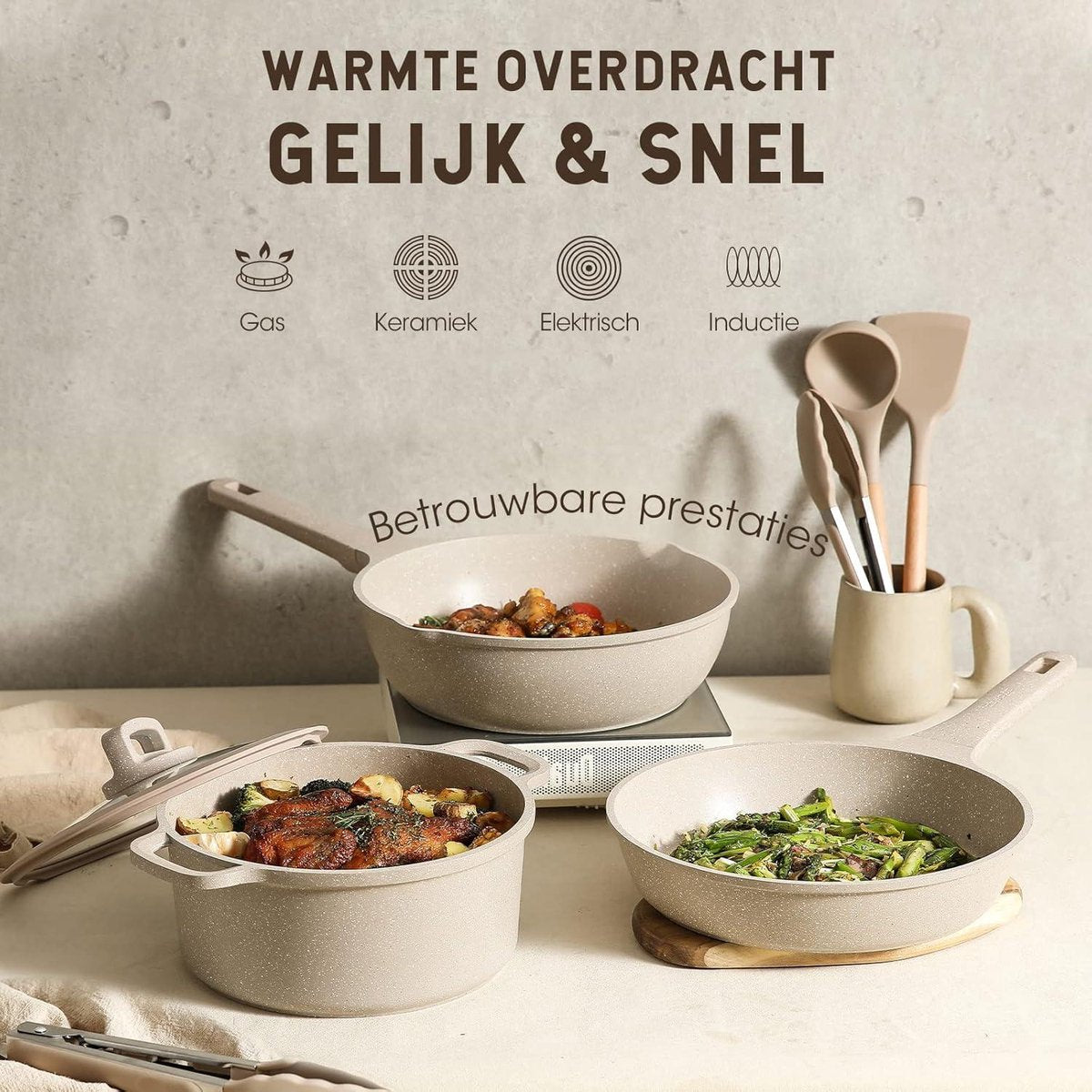 11-delige Pannenset - Koekenpannen 24-28cm, Wok 28cm, Sauspannen 16-24cm - Siliconen Bestek Steakvork - Niet giftig - Geschikt voor Alle Fornuizen camping pannenset