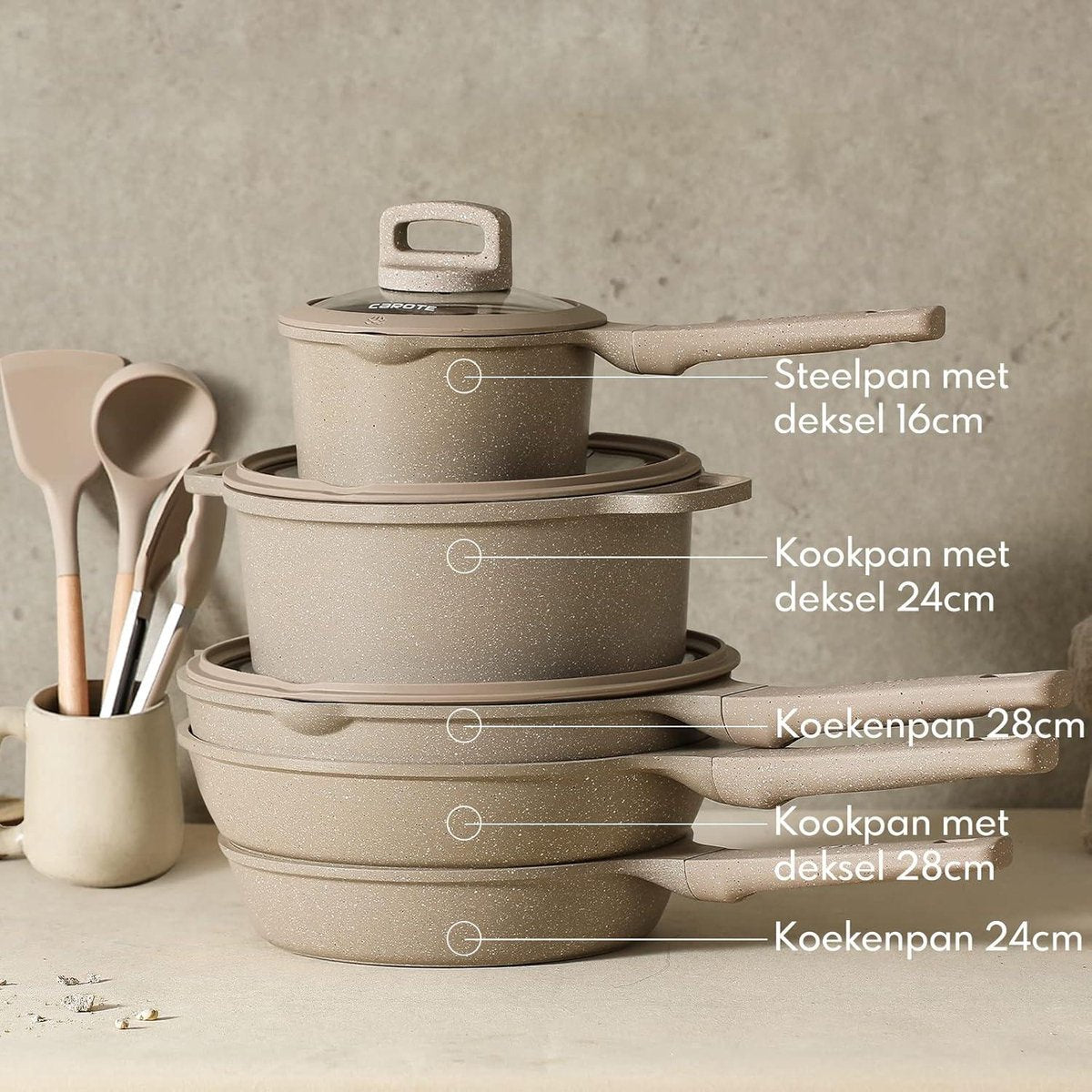 11-delige Pannenset - Koekenpannen 24-28cm, Wok 28cm, Sauspannen 16-24cm - Siliconen Bestek Steakvork - Niet giftig - Geschikt voor Alle Fornuizen camping pannenset