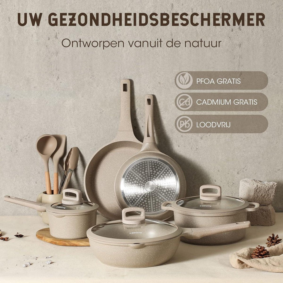 11-delige Pannenset - Koekenpannen 24-28cm, Wok 28cm, Sauspannen 16-24cm - Siliconen Bestek Steakvork - Niet giftig - Geschikt voor Alle Fornuizen camping pannenset