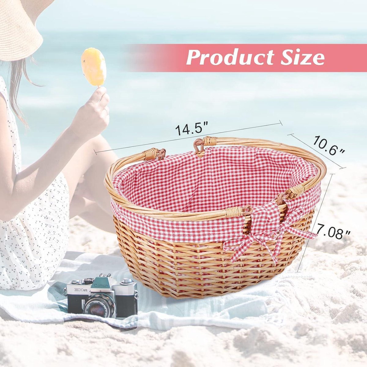 Double Folding Handles Wicker Picnic Basket - Handwoven Willow Picnic Basket for Easter - Storing Easter Eggs, Candies, Bath Toys