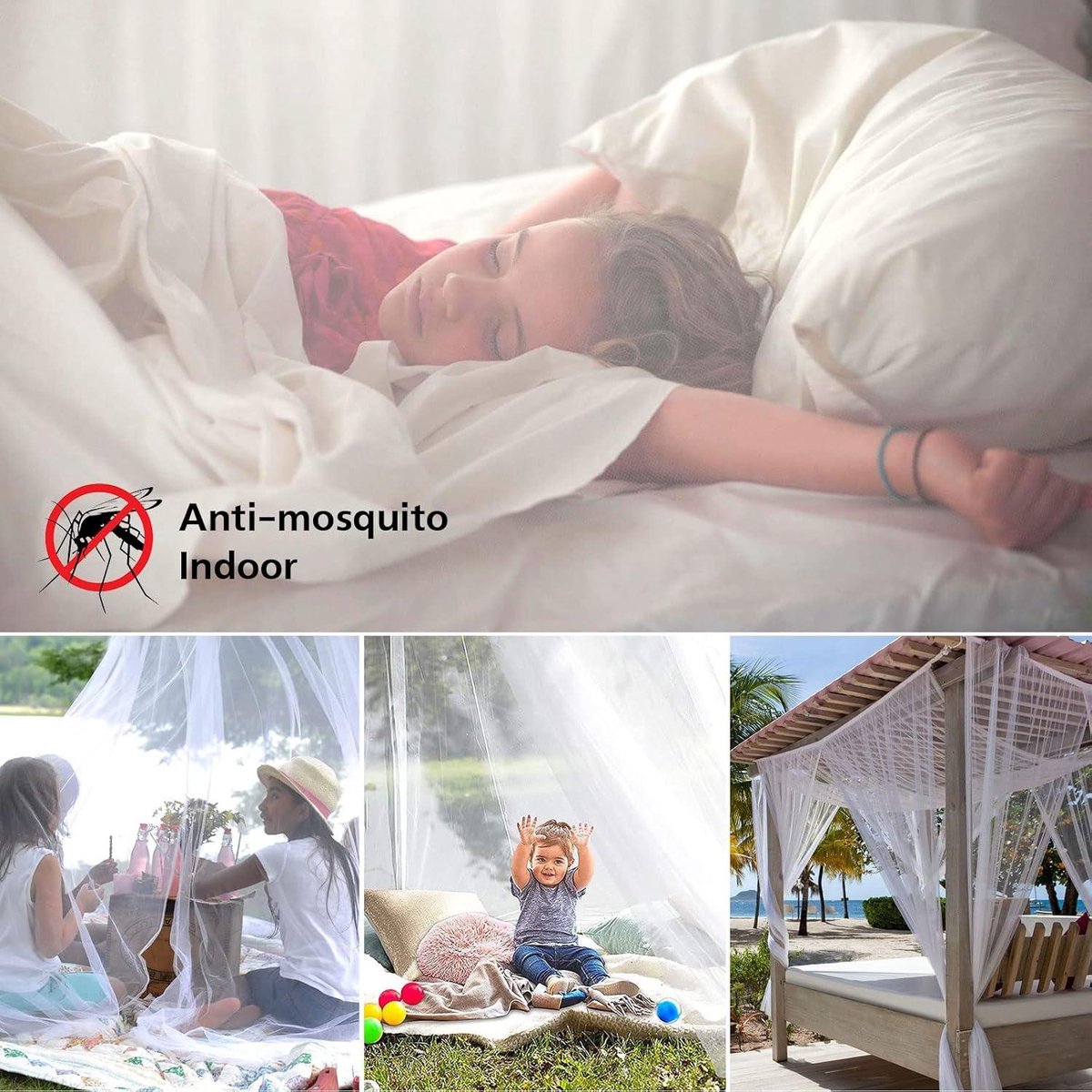 Mosquito net double bed with 4 open rectangular mosquito nets - fine-mesh square mosquito net - 240 x 210 x 190 cm - white