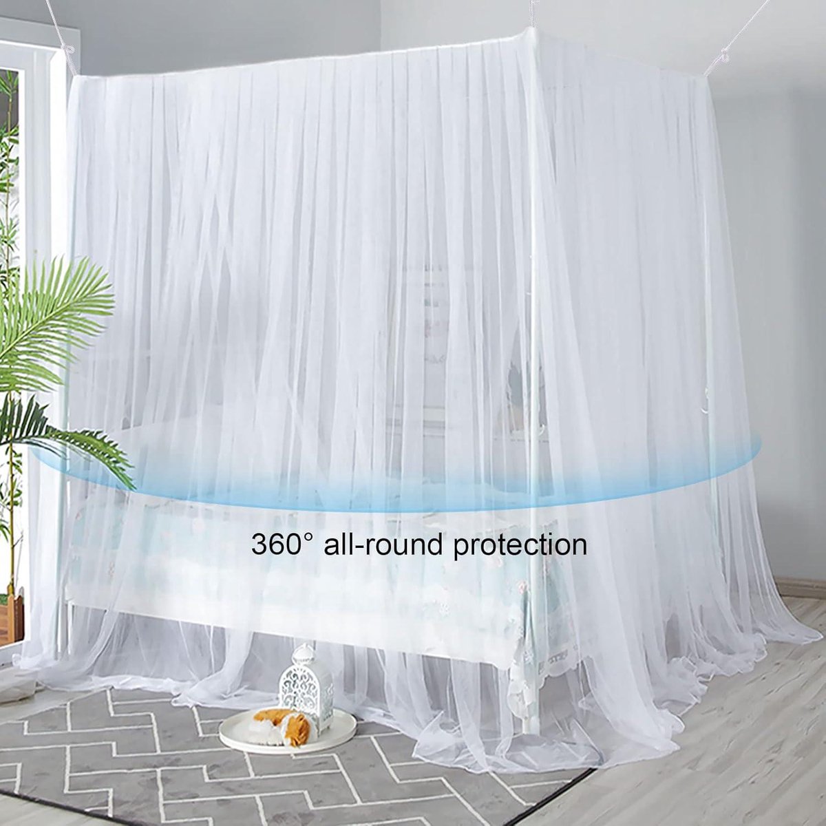 Mosquito net double bed with 4 open rectangular mosquito nets - fine-mesh square mosquito net - 240 x 210 x 190 cm - white