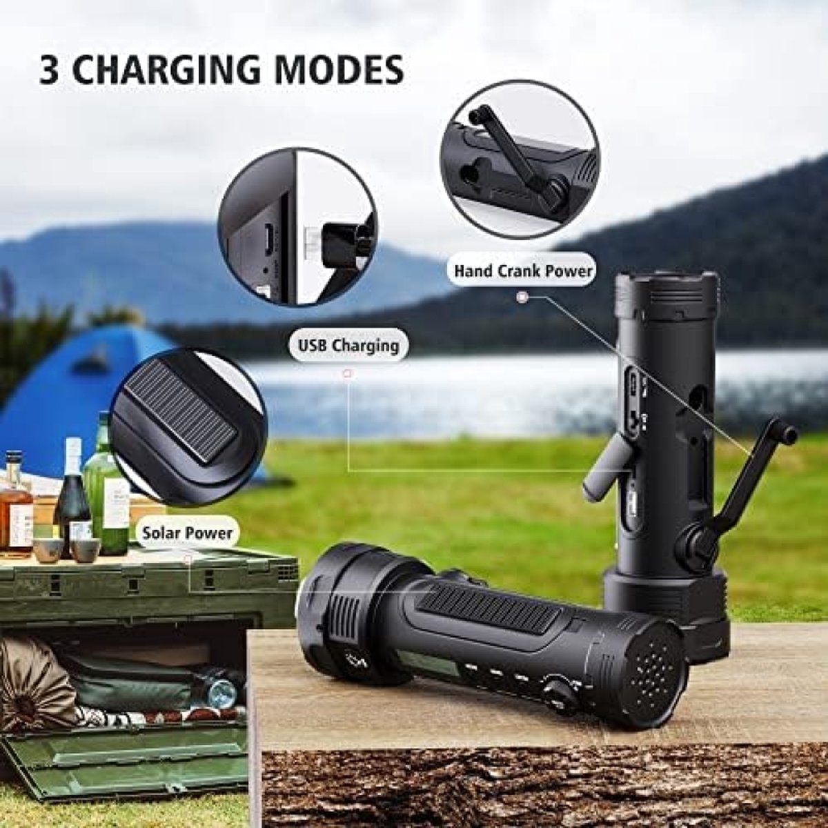 Dynamo-zaklamp, campinglamp, zwengelradio, met 3000 mAh oplaadbare batterij, noodradio, led-campinglamp, FM-dynamo, zonnetalarm, voor outdoor, wandelen