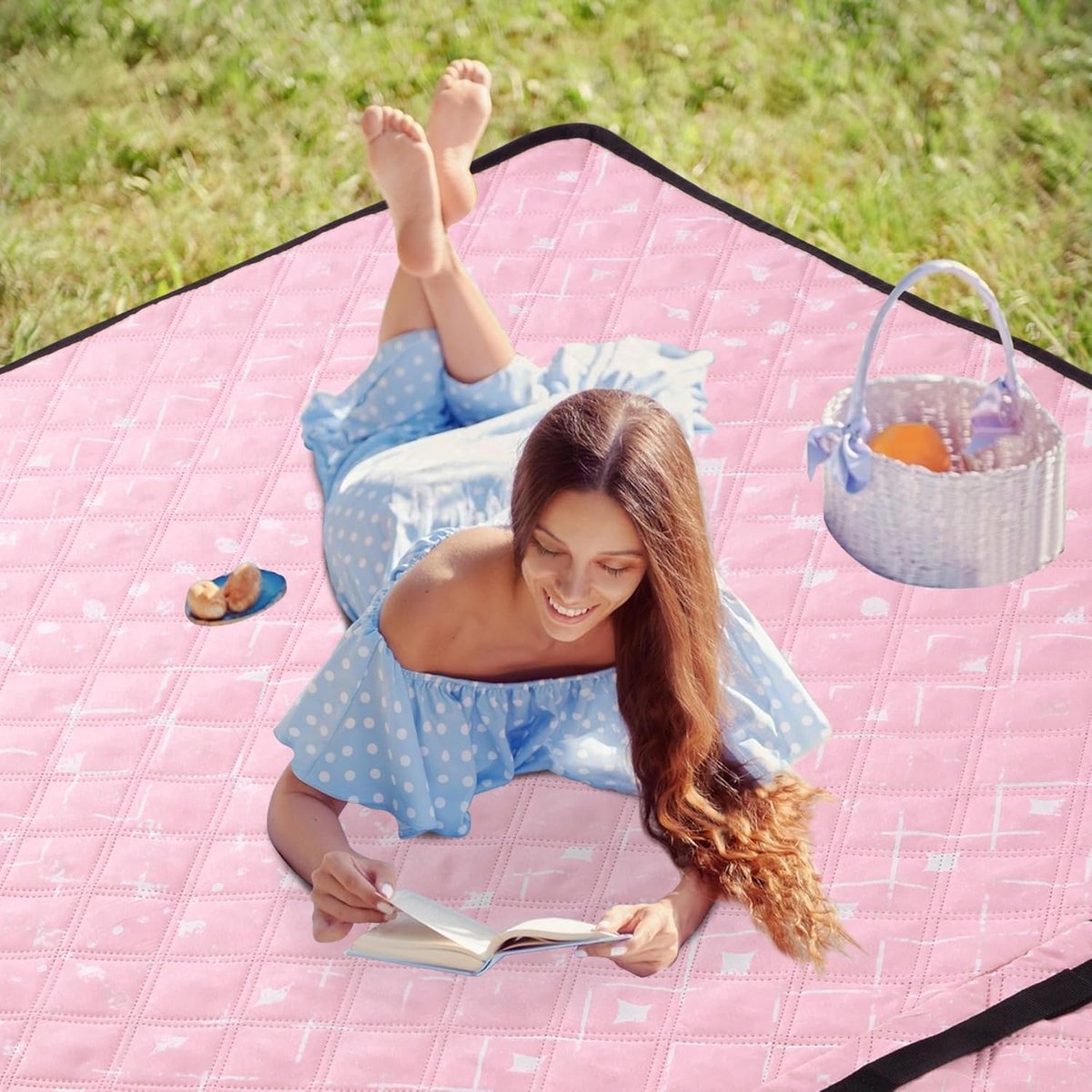 Picknickdeken, waterdicht, 200 x 200 cm, draagbaar, zandvrij, met handvat, opvouwbaar, wasbaar, outdoor campingdeken voor 4-6 personen in het park, tuin, gazon, BBQ, wandelen, roze geometrisch