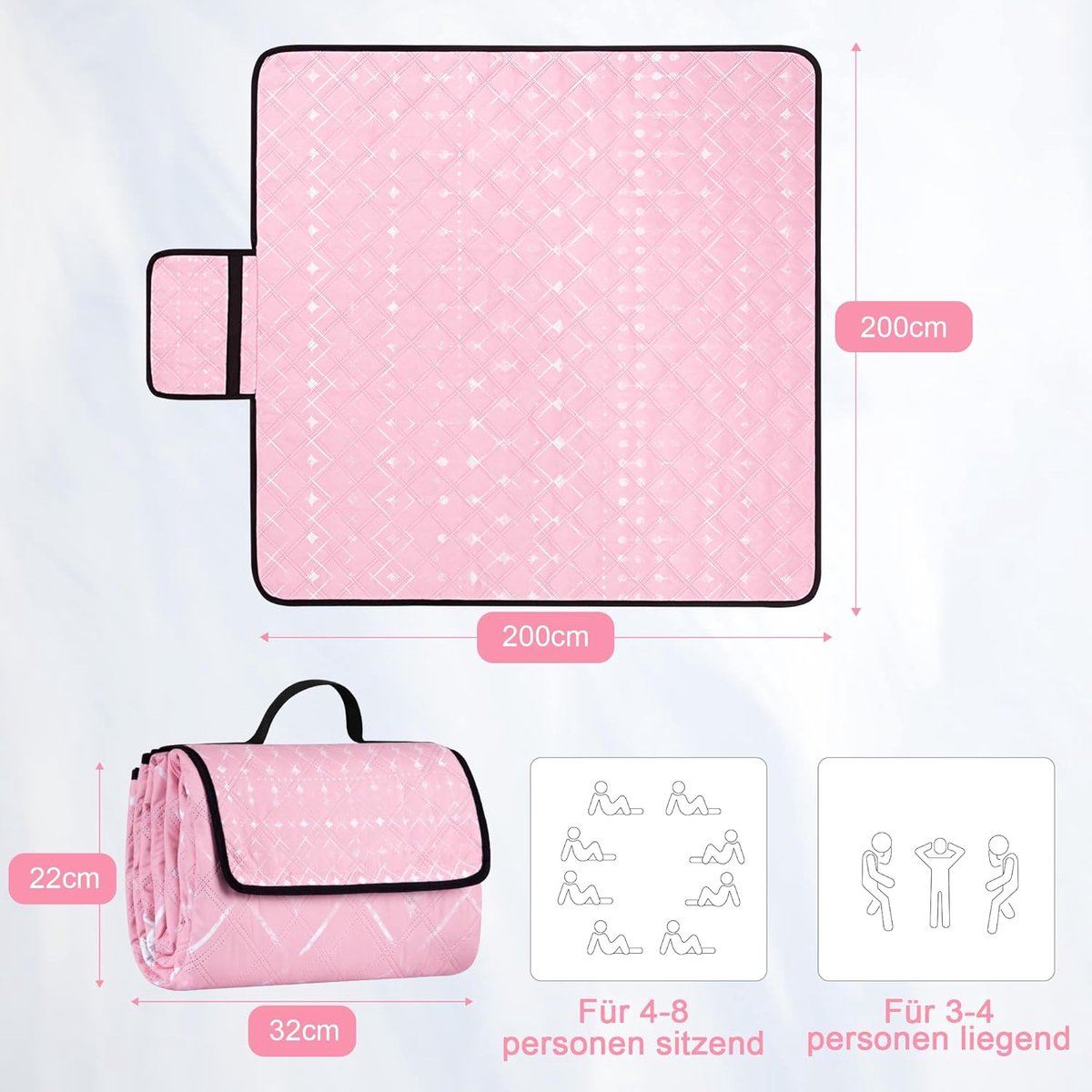 Picknickdeken, waterdicht, 200 x 200 cm, draagbaar, zandvrij, met handvat, opvouwbaar, wasbaar, outdoor campingdeken voor 4-6 personen in het park, tuin, gazon, BBQ, wandelen, roze geometrisch