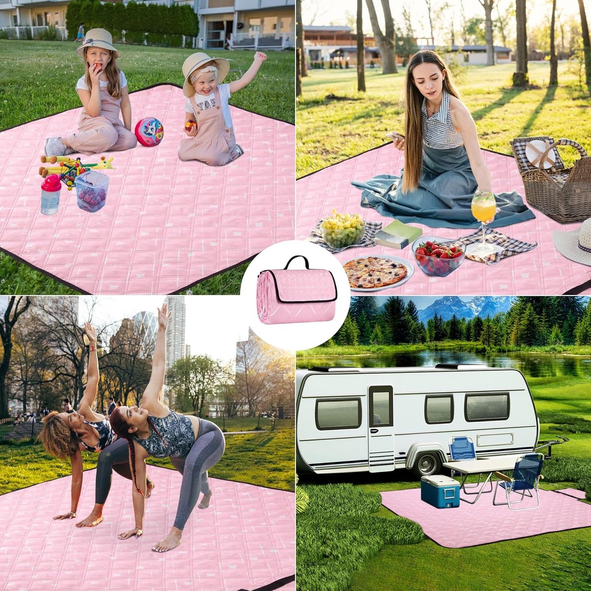 Picknickdeken, waterdicht, 200 x 200 cm, draagbaar, zandvrij, met handvat, opvouwbaar, wasbaar, outdoor campingdeken voor 4-6 personen in het park, tuin, gazon, BBQ, wandelen, roze geometrisch