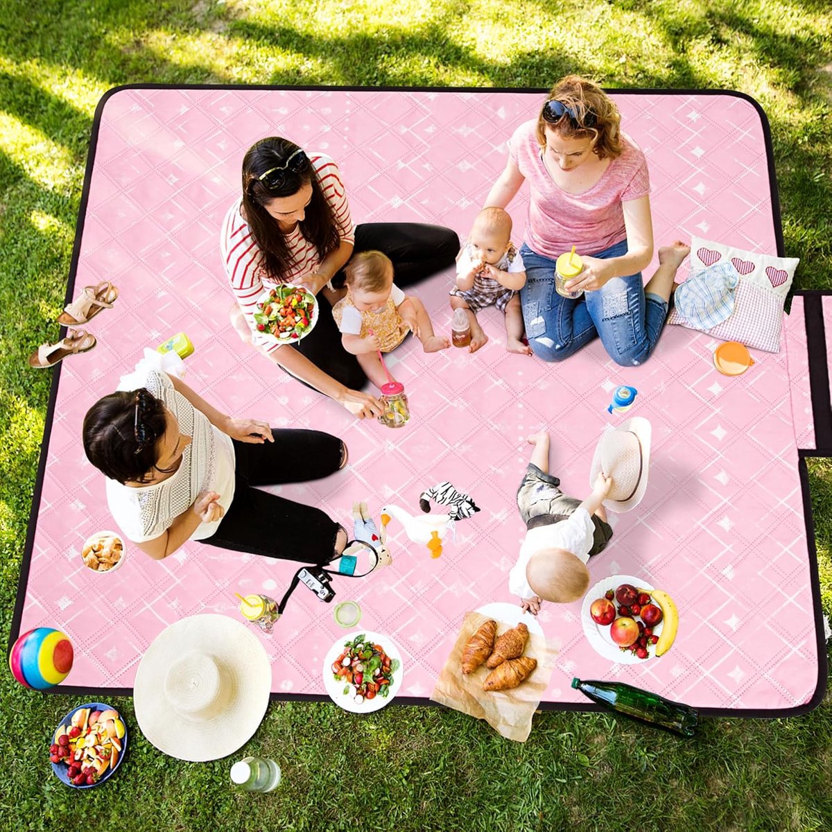 Picknickdeken, waterdicht, 200 x 200 cm, draagbaar, zandvrij, met handvat, opvouwbaar, wasbaar, outdoor campingdeken voor 4-6 personen in het park, tuin, gazon, BBQ, wandelen, roze geometrisch