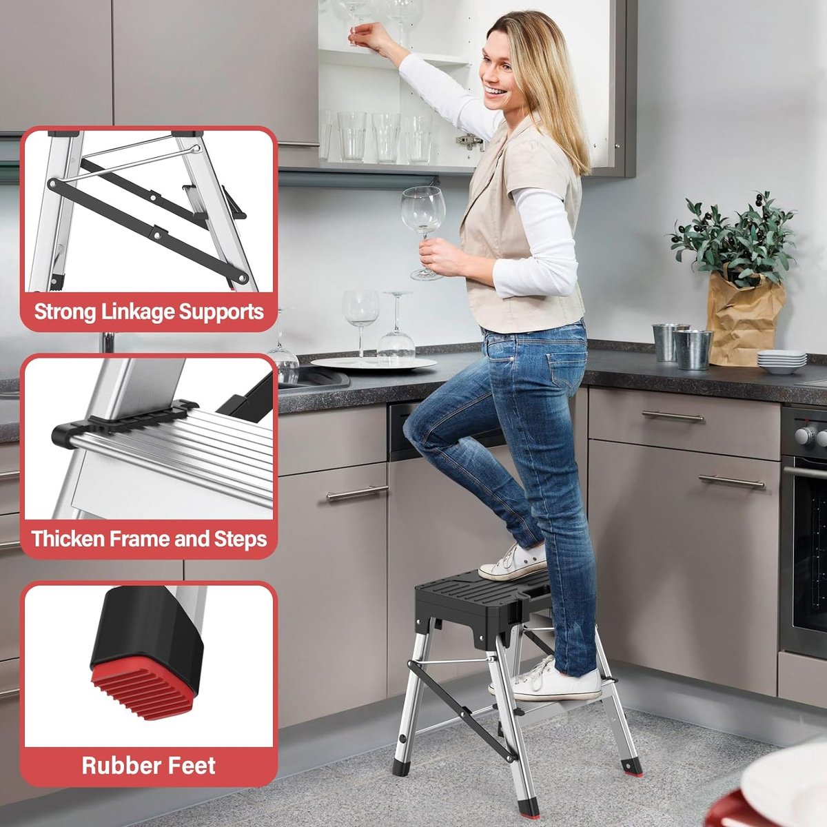 Folding ladder, aluminum step ladder, 2-in-1 step stool with tool storage, portable folding stool, household ladder, load capacity up to 150 kg, 2 steps