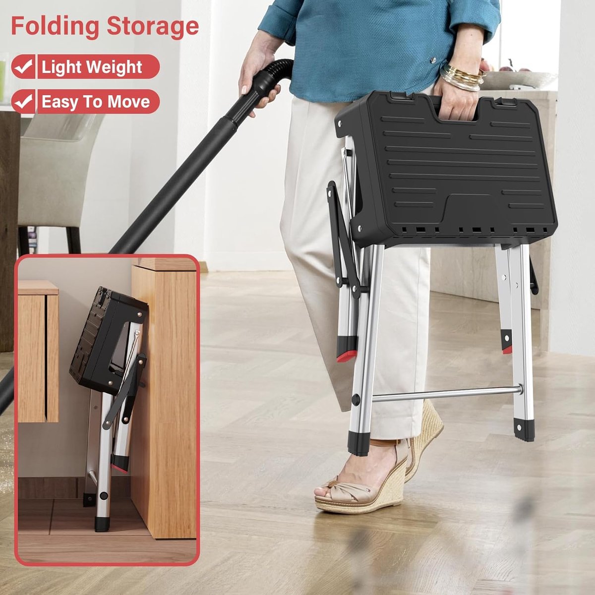 Folding ladder, aluminum step ladder, 2-in-1 step stool with tool storage, portable folding stool, household ladder, load capacity up to 150 kg, 2 steps