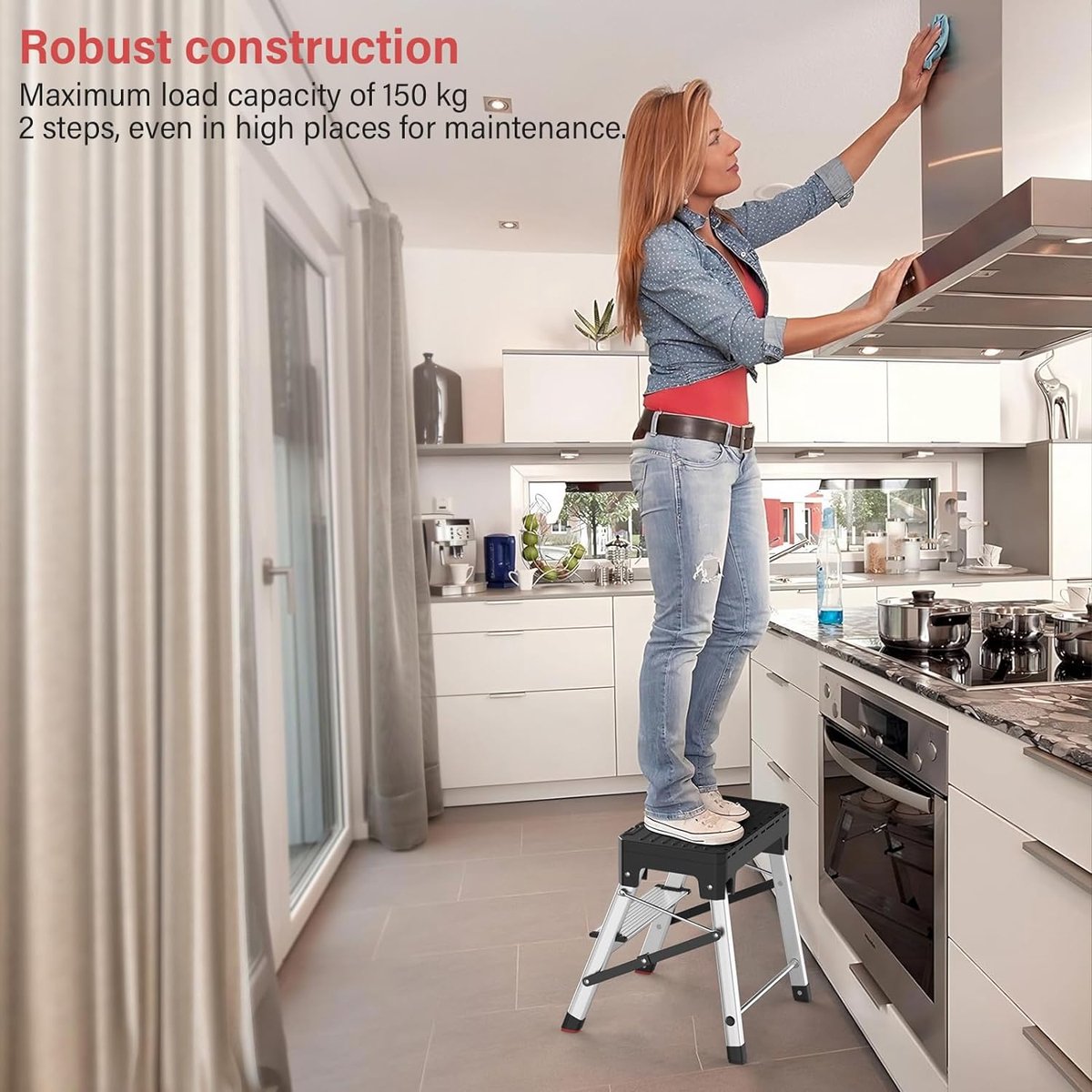 Folding ladder, aluminum step ladder, 2-in-1 step stool with tool storage, portable folding stool, household ladder, load capacity up to 150 kg, 2 steps