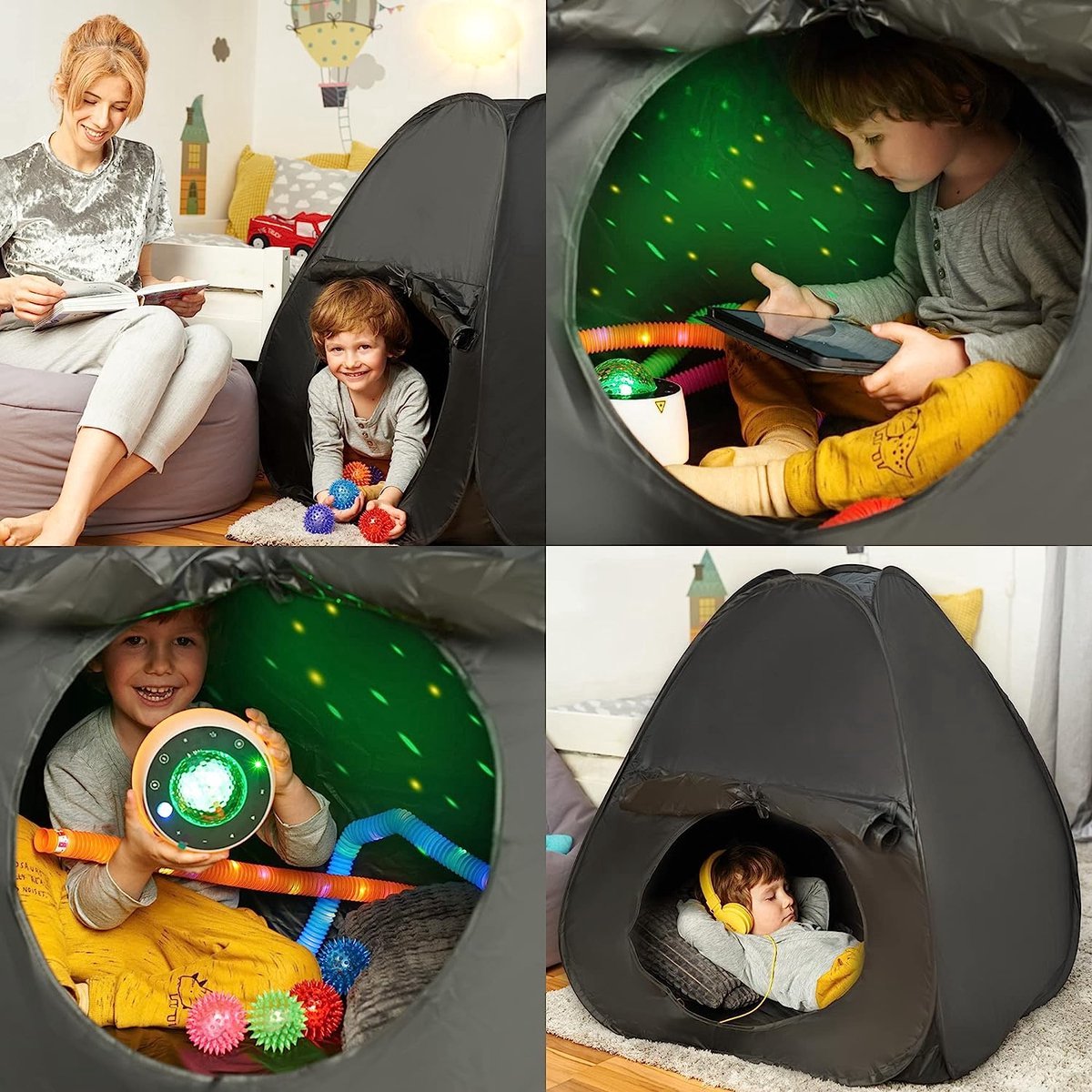 Ultiluxe® Sensory Tent for Young Children - Autism, ADHD, SPD, Anxiety, ADD - Lack of concentration, for calm and relaxation - Black - For home, school - Aid - Children's tent - Tent with storage bag - Quiet space for child